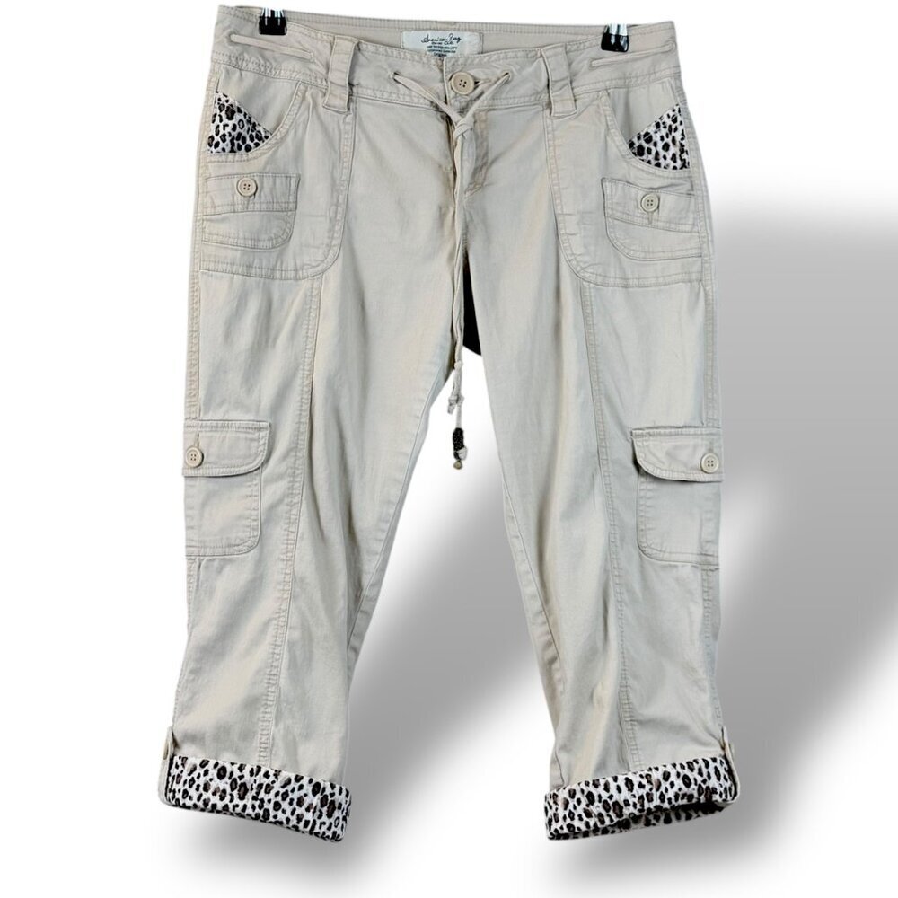 VTG American Rag Cargo Capri Pants Womens Size 9 Beige/Leopard Trim Roll-Tab Y2K